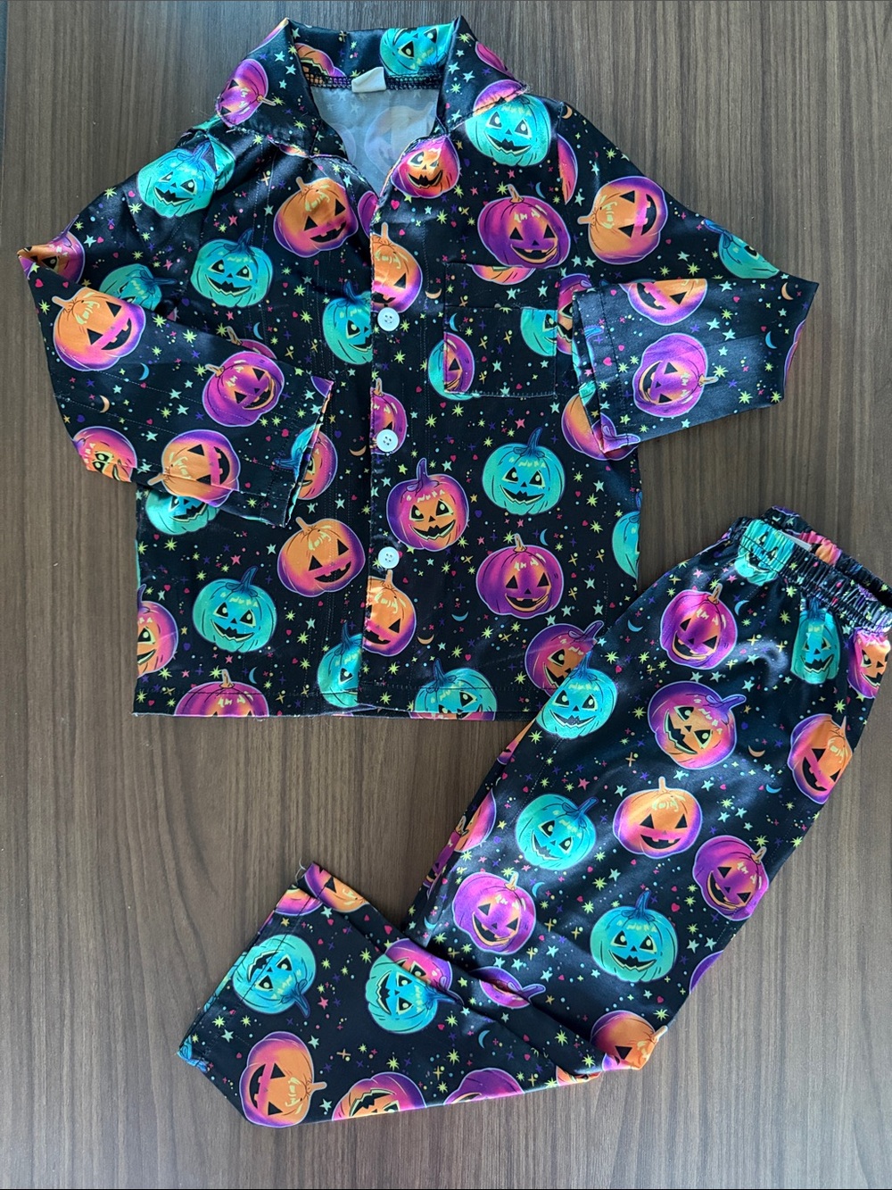 Kids Halloween Pumpkin Pajama Set - Black with Teal, Purple & Orange Pumpkins